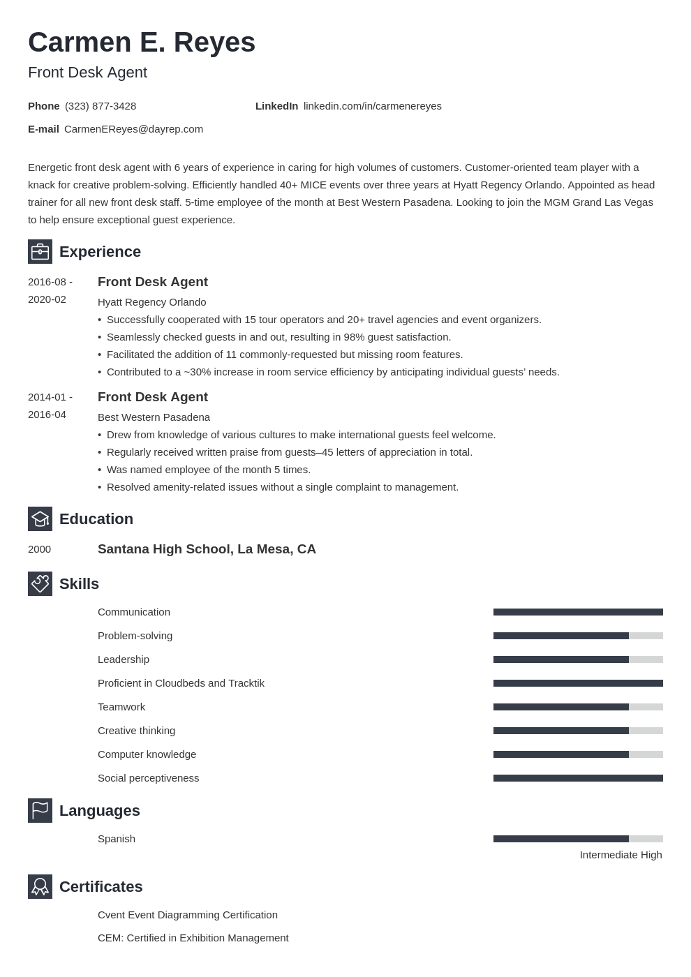 hotel front office resume format