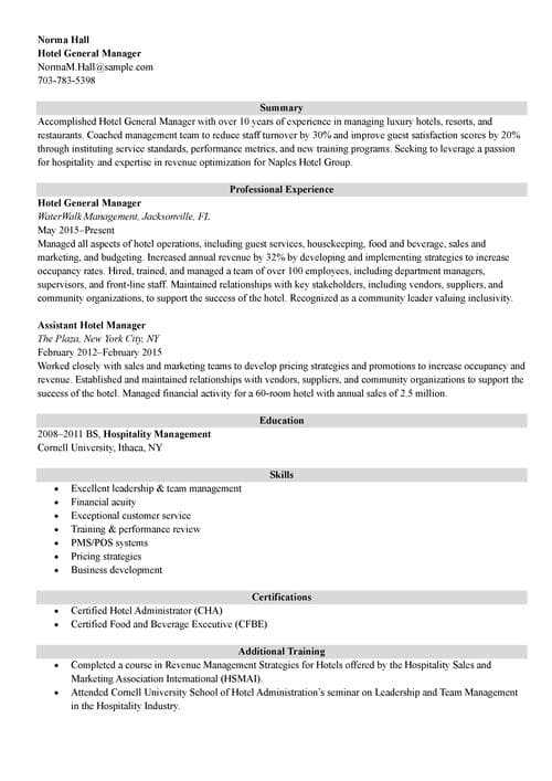 hotel general manager resume example