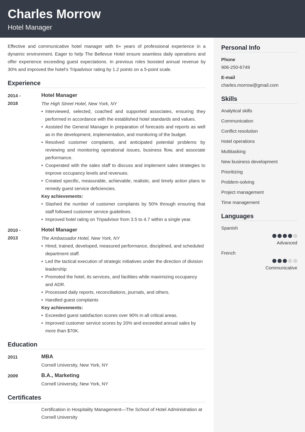 hotel manager resume example template cubic