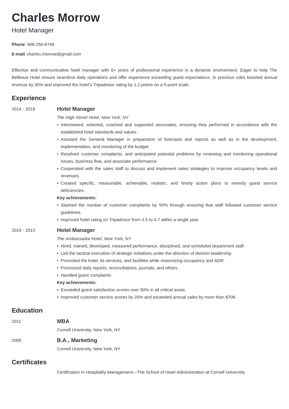 resume for 5 star hotel