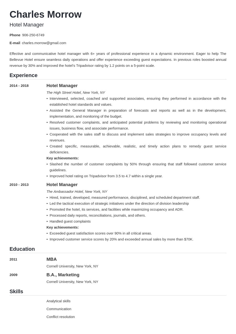 Hotel Management Resume Sample