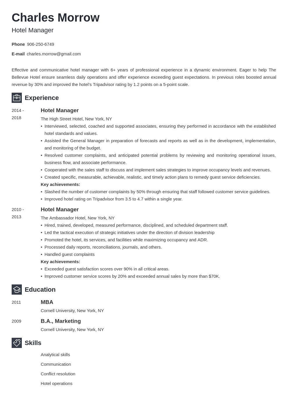 Hotel Manager Resume Example Template Newcast 