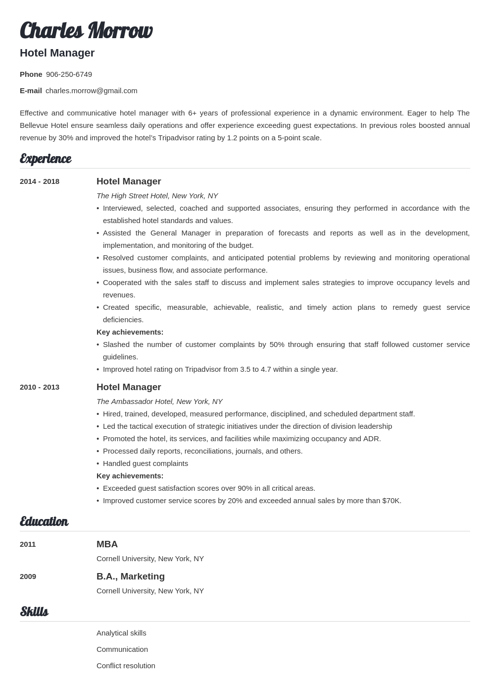 hotel duty manager job description for resume