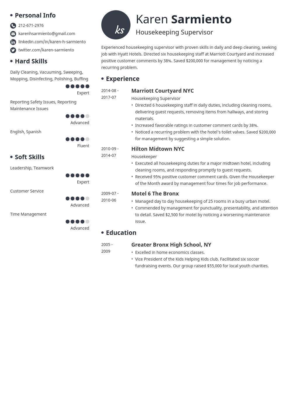 housekeeping resume example template initials