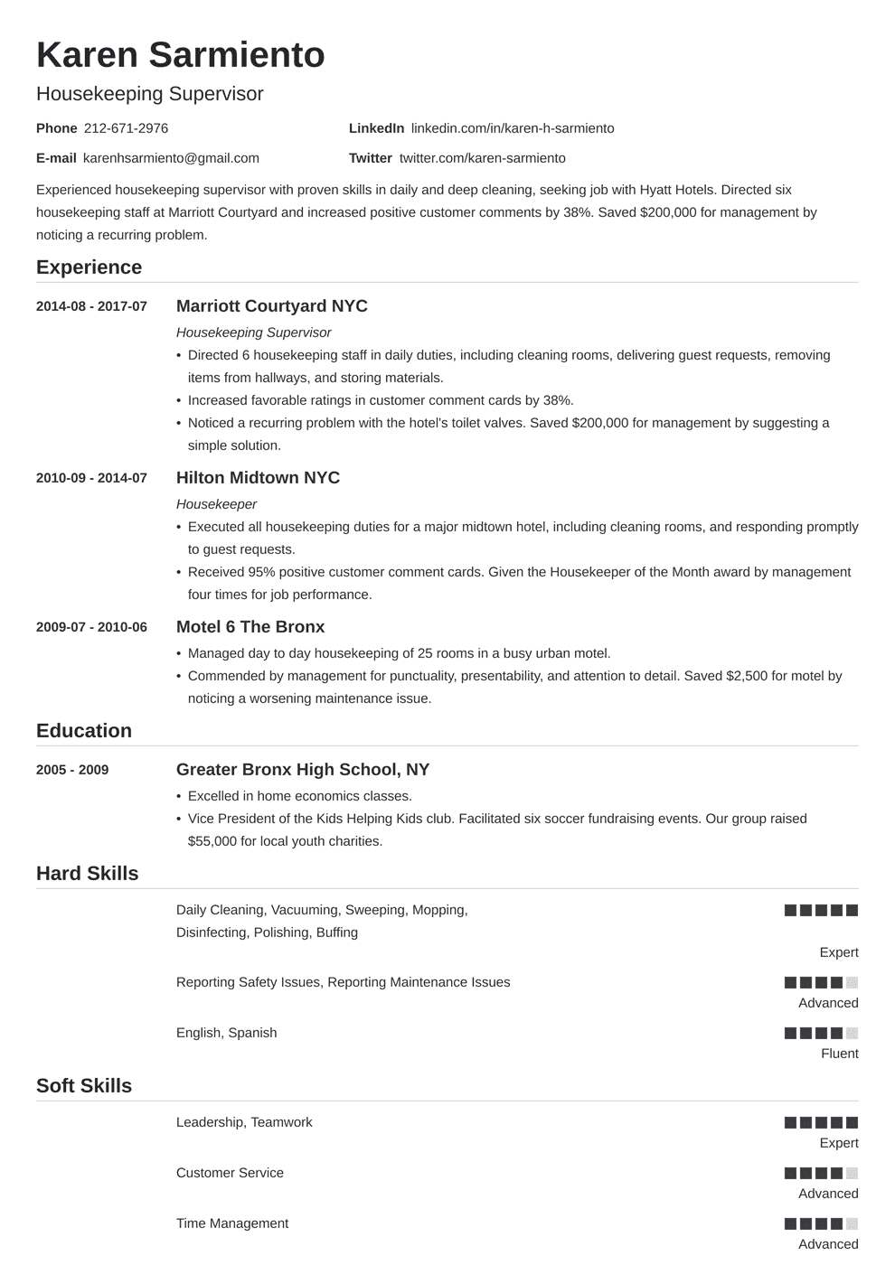 example resume objectives for housekeeper