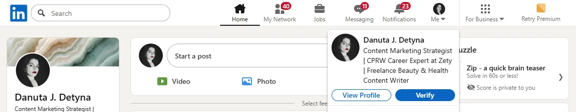 a screenshot showing the "Me" and "View profile" LinkedIn buttons