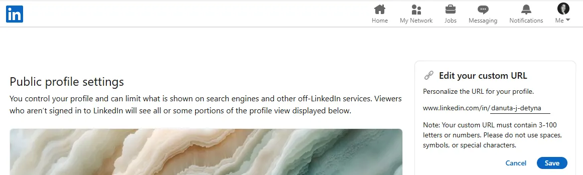 a screenshot showing an info box saying that your custom LinkedIn URL must contain 3-100 letters or numbers and that you can't use spaces, symbols, or special characters
