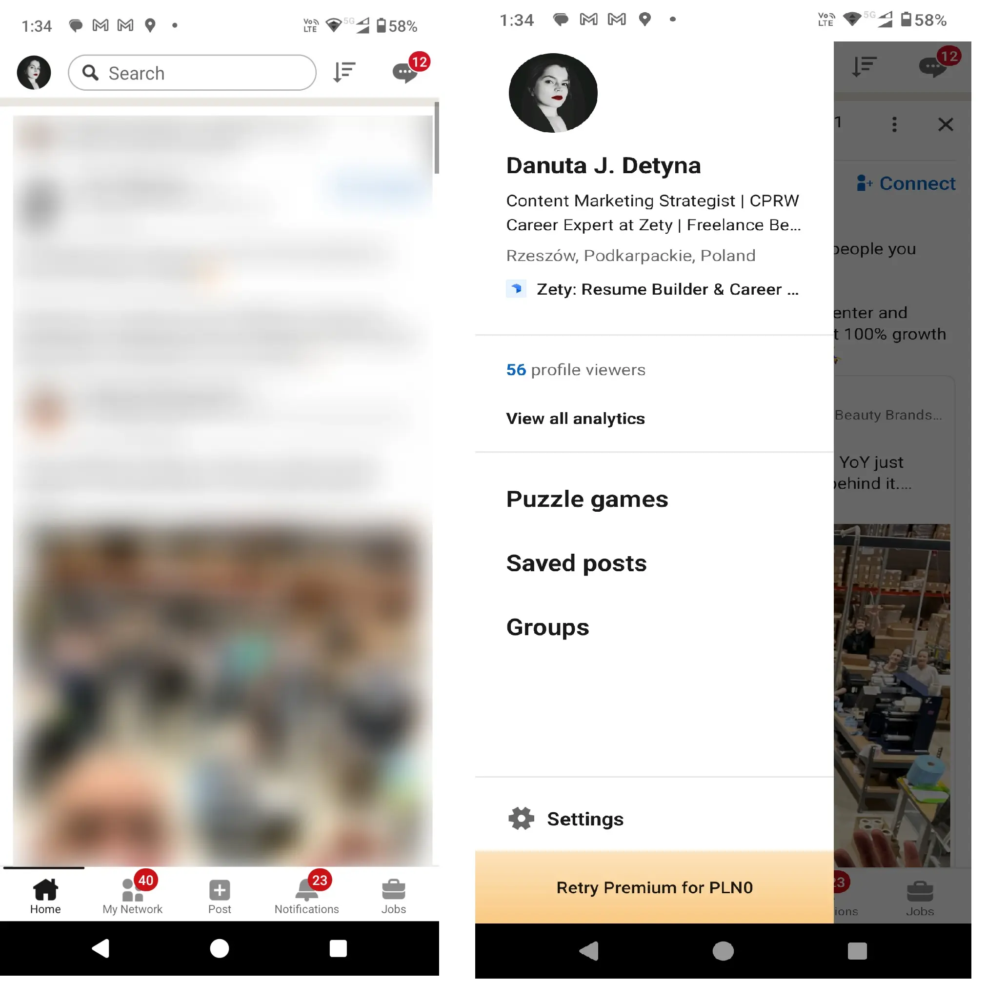 LinkedIn mobile app main page screenshot