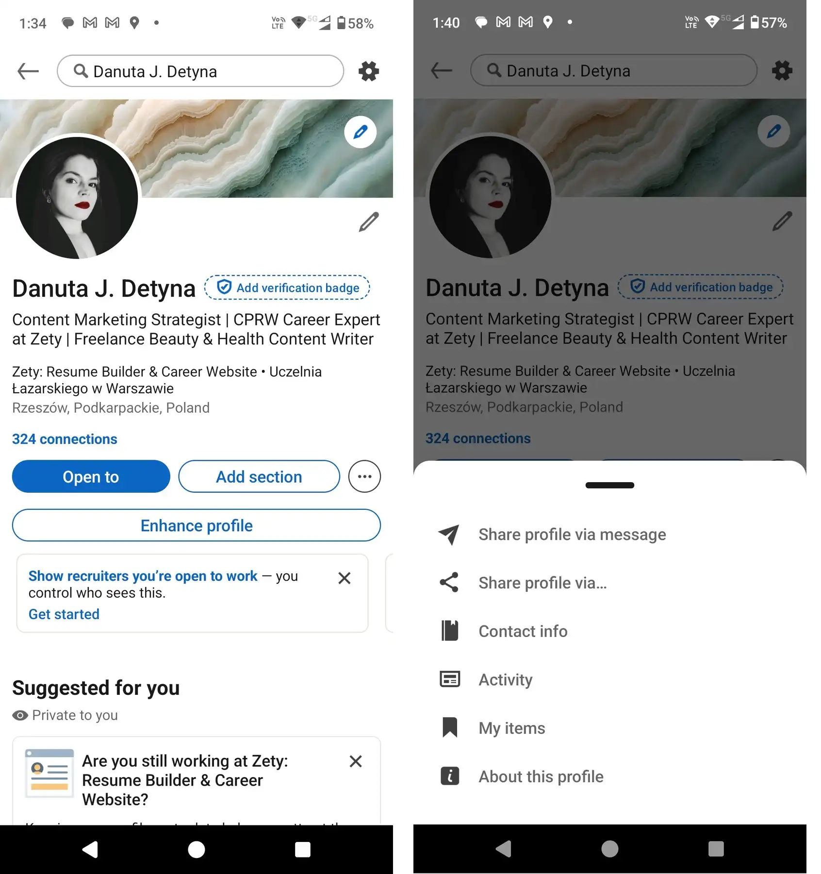 LinkedIn mobile app logged in user's profile screenshot with the three dot menu visible