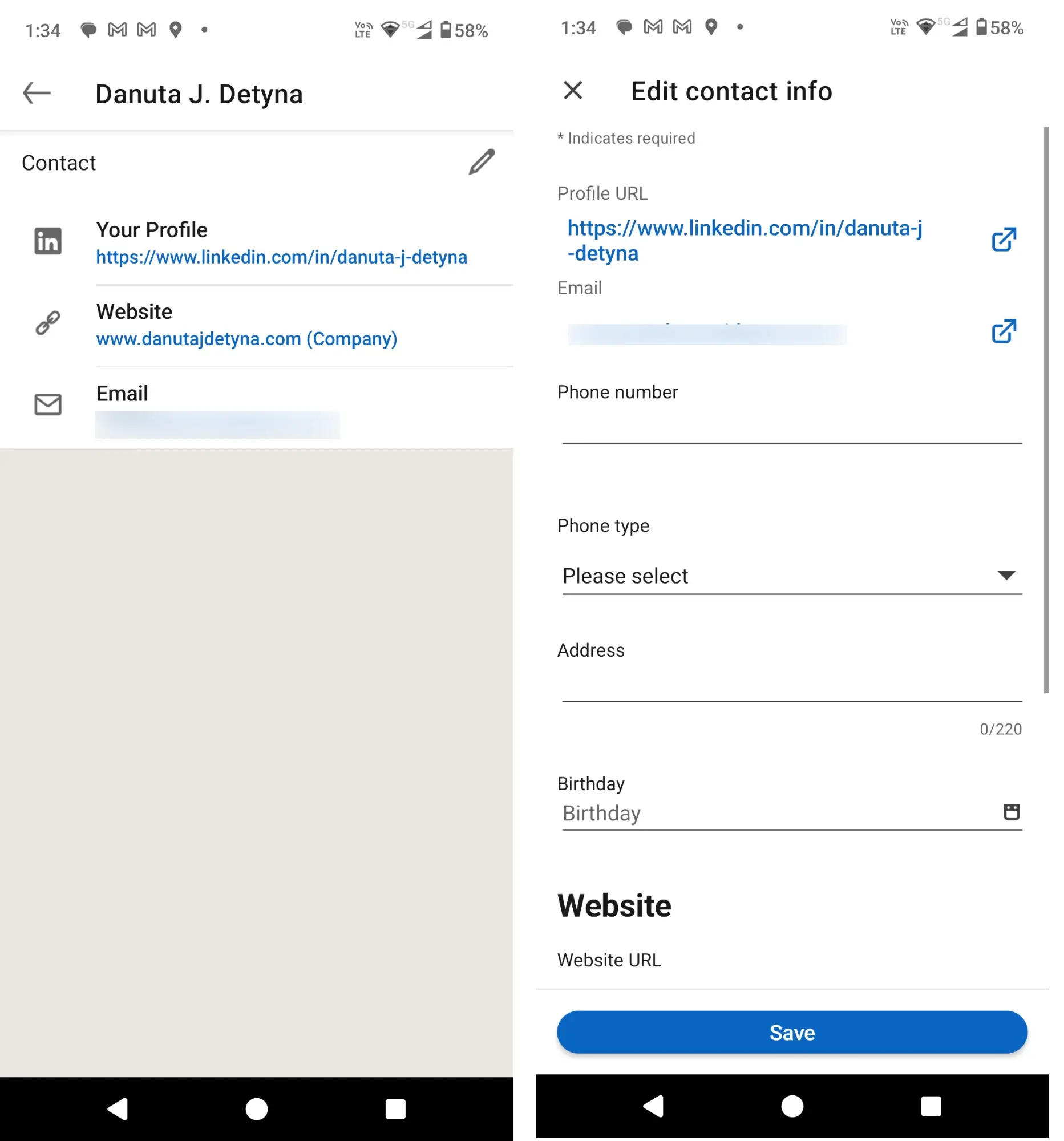 LinkedIn mobile app logged in user's contact info screenshot