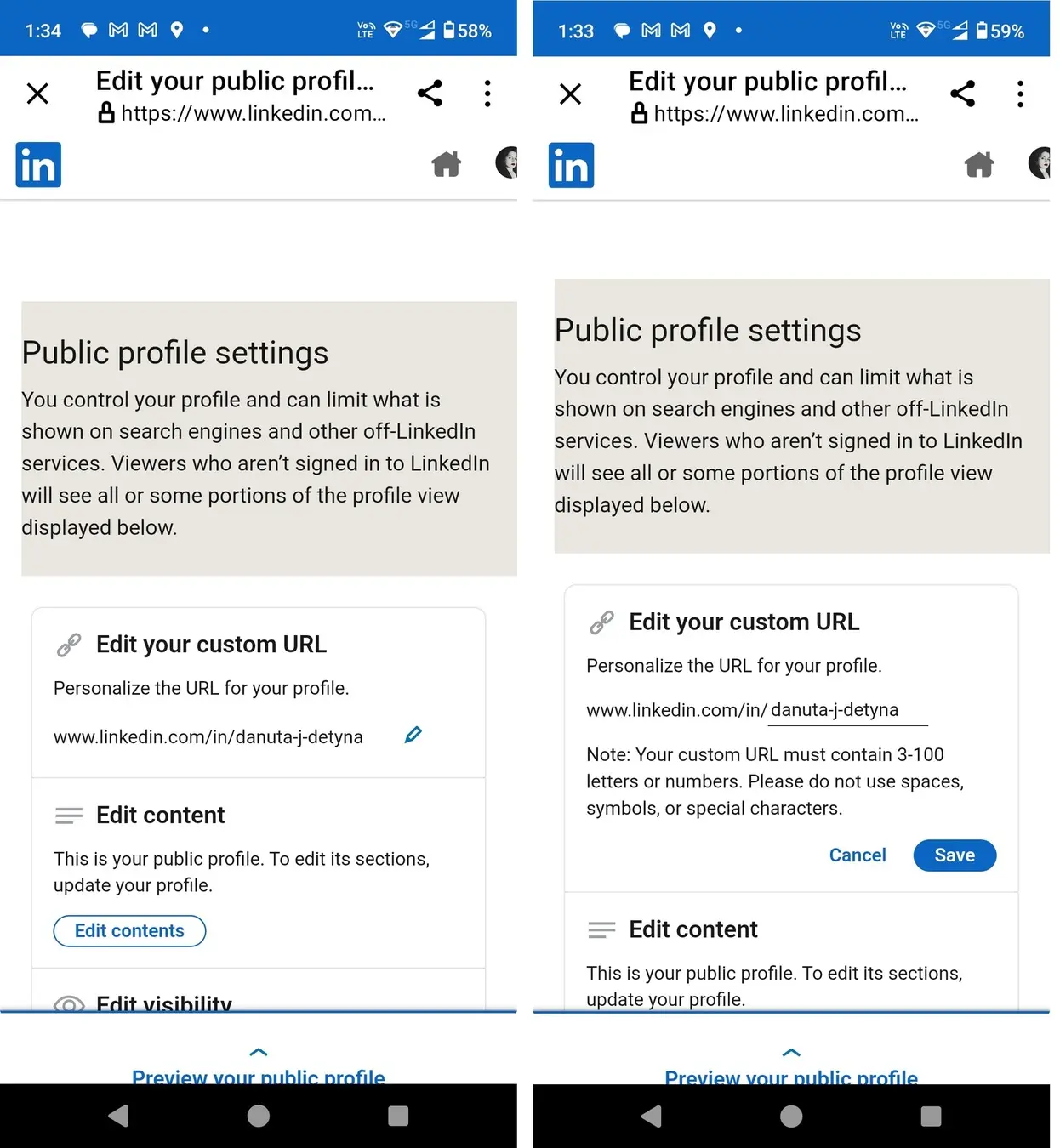  a LinkedIn mobile app screenshot showing an info box saying that your custom LinkedIn URL must contain 3-100 letters or numbers and that you can't use spaces, symbols, or special characters