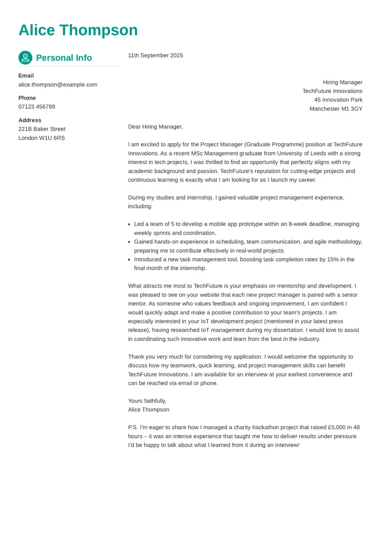 entry-level cover letter example created with Zety UK CV templates
