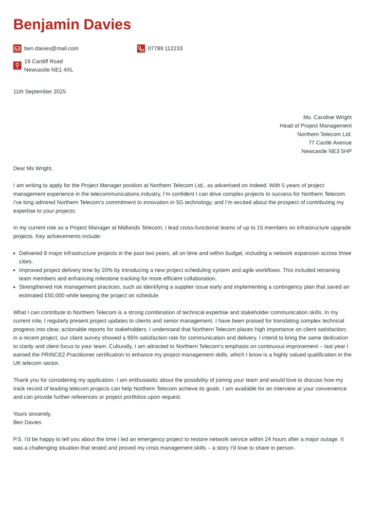 Mid-level cover letter example created with Zety UK CV templates