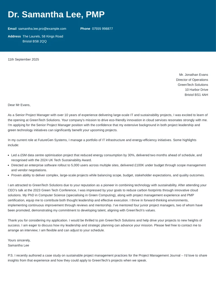 Senior level cover letter example created with Zety UK CV templates