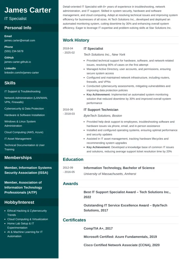  IT Specialist Resume Example - Cascade