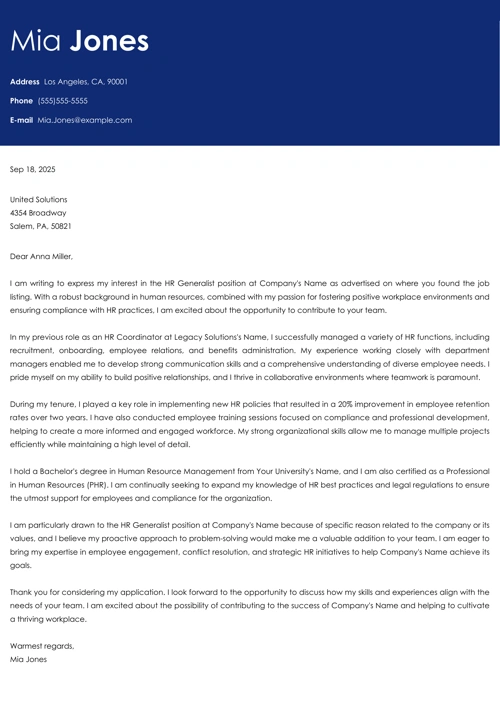 Human Resources (HR) Generalist Cover Letter Samples & Guide