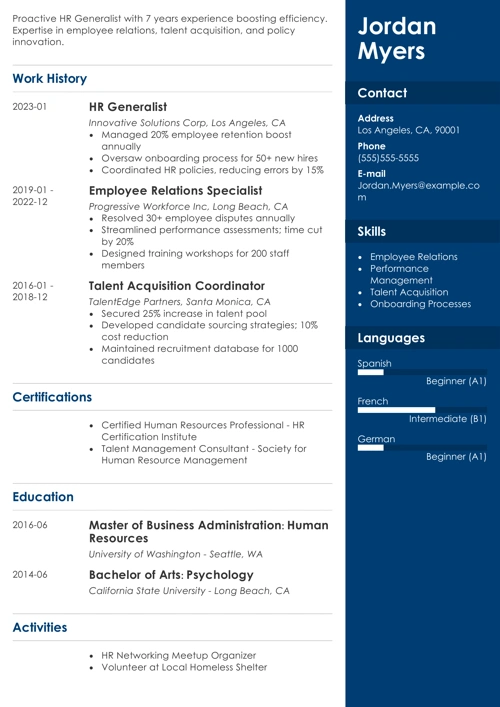 HR Generalist Resume Sample