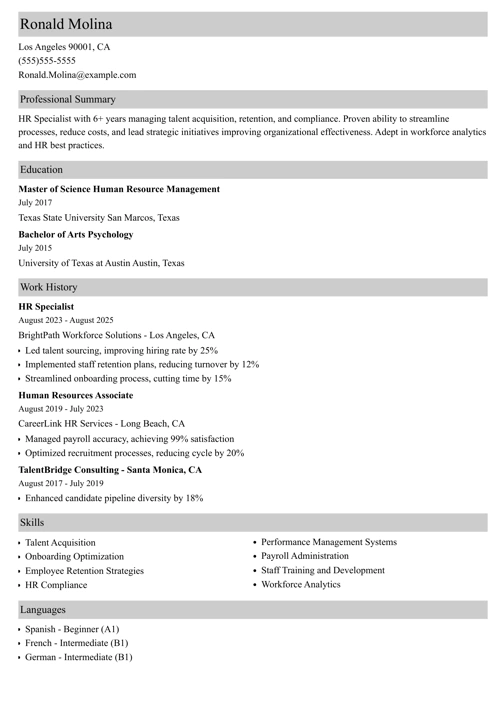 HR specialist resume example