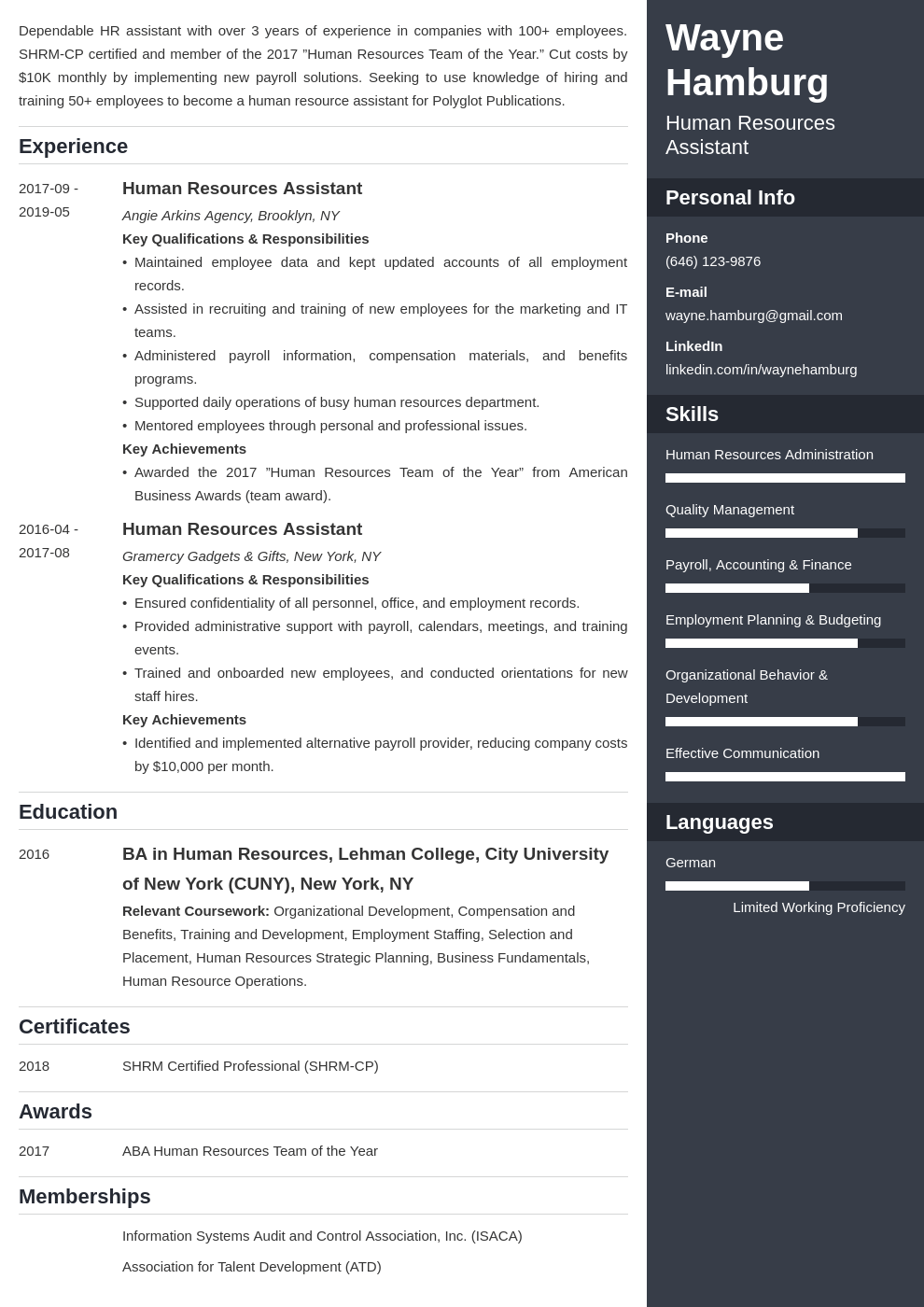 hr assistant resume example template enfold