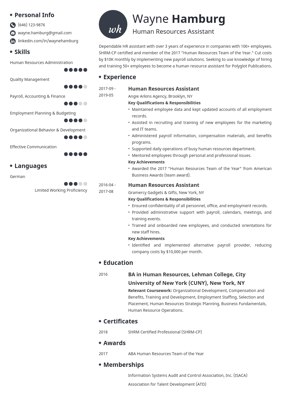 hr assistant resume example template initials