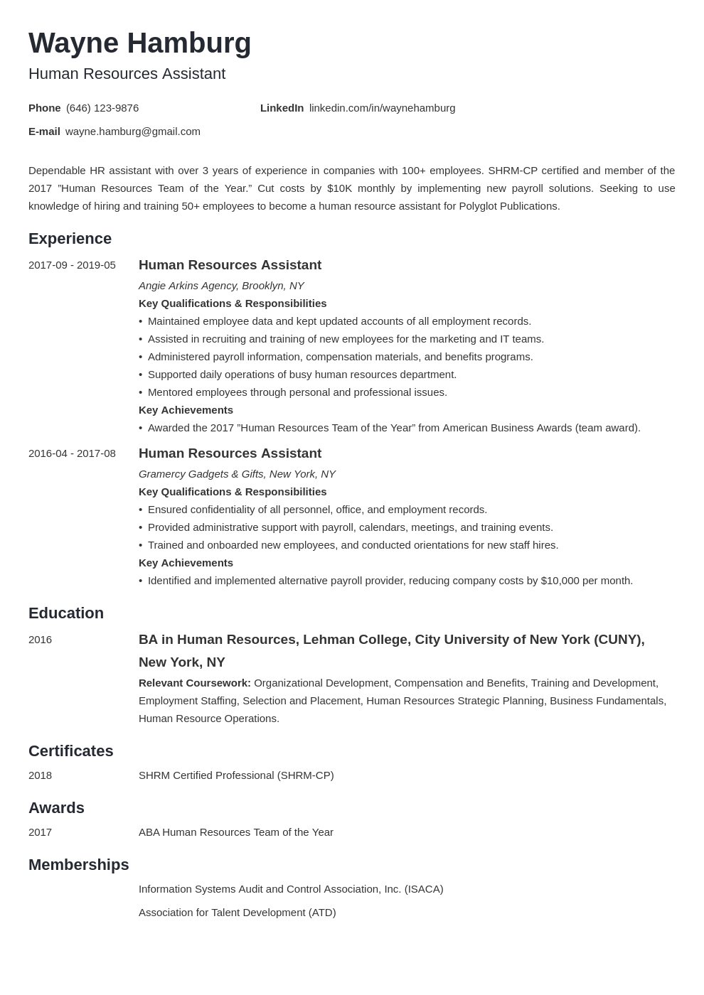 human resources assistant resume sample