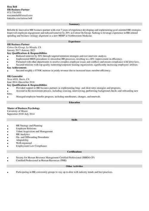 sample hr business partner resume