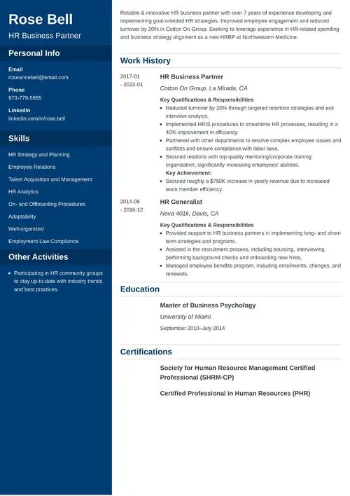 sample hr business partner resume