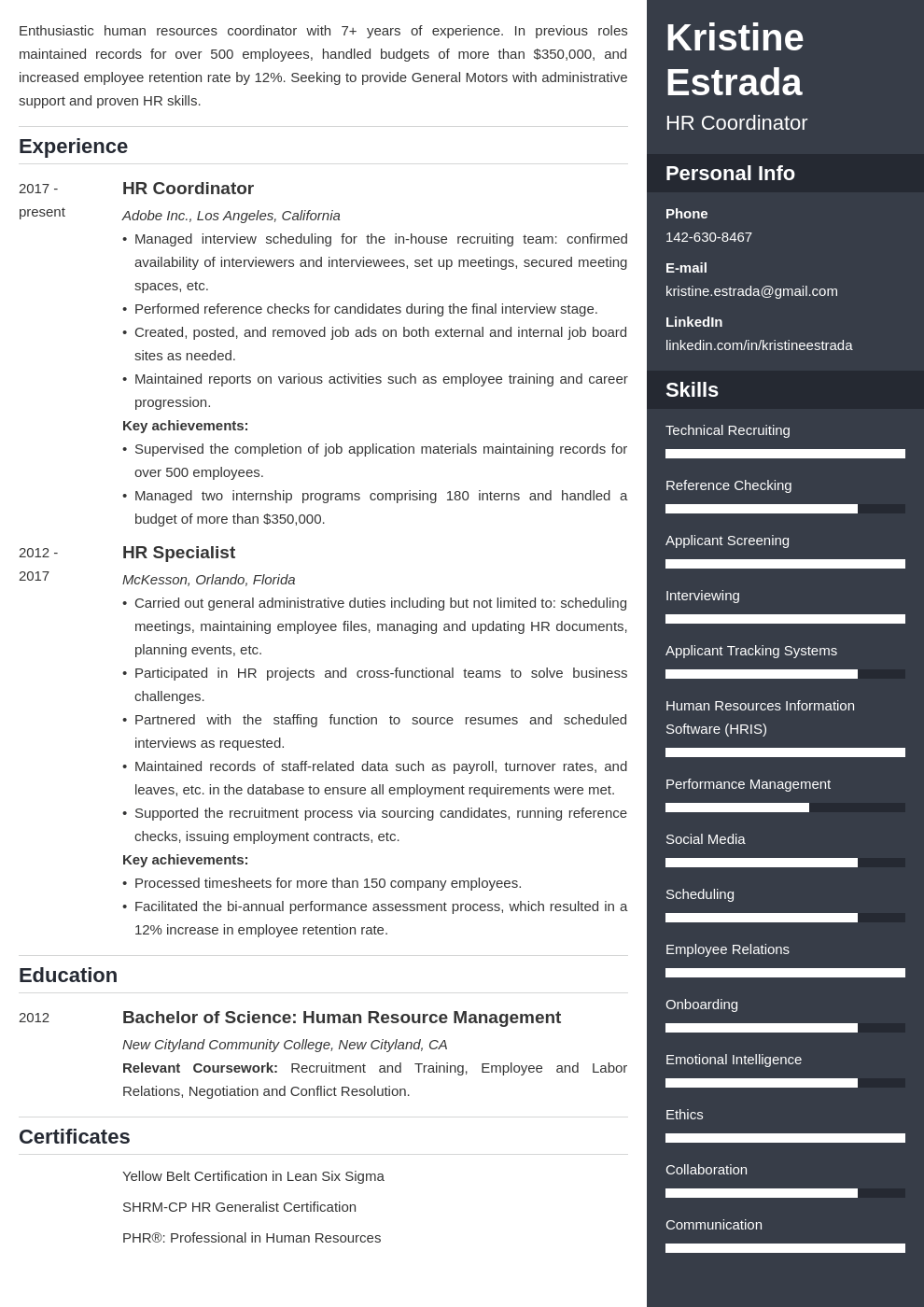 hr coordinator resume example template enfold