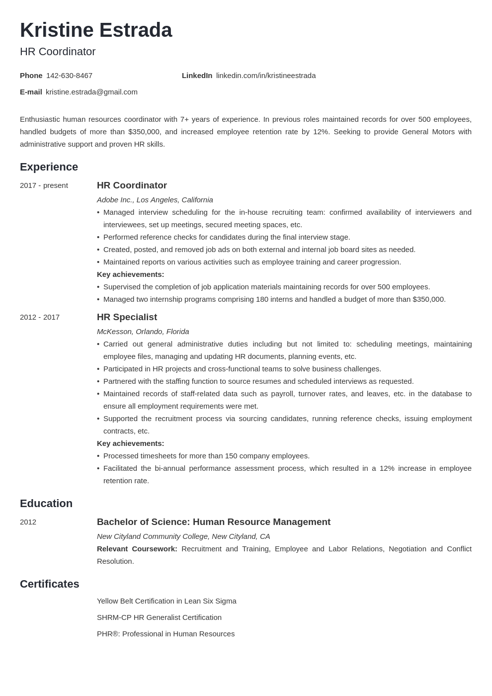 Human Resources HR Coordinator Resume Sample 20 Tips 