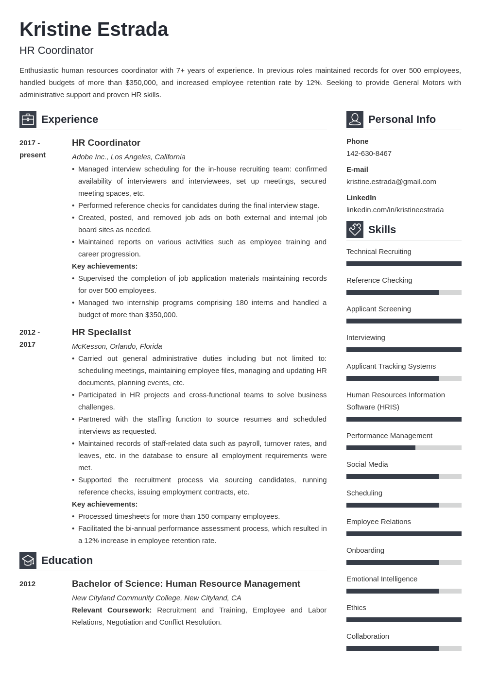 resume sample for human resources coordinator