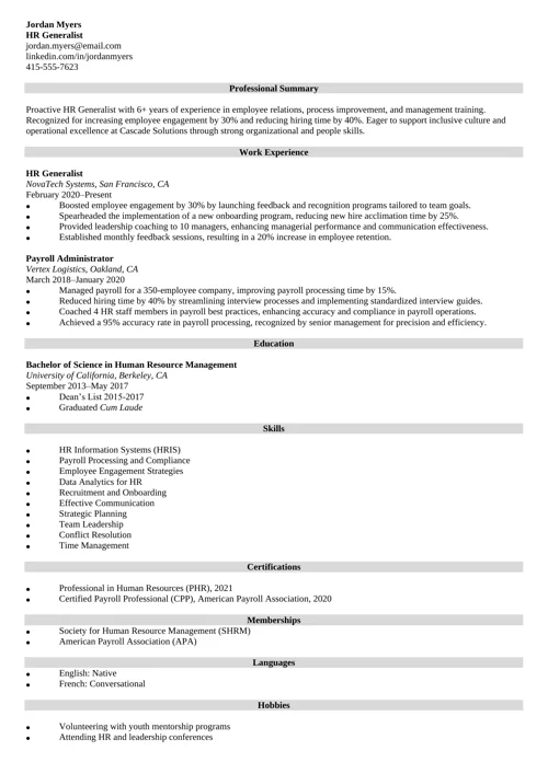 HR Generalist Resume Sample