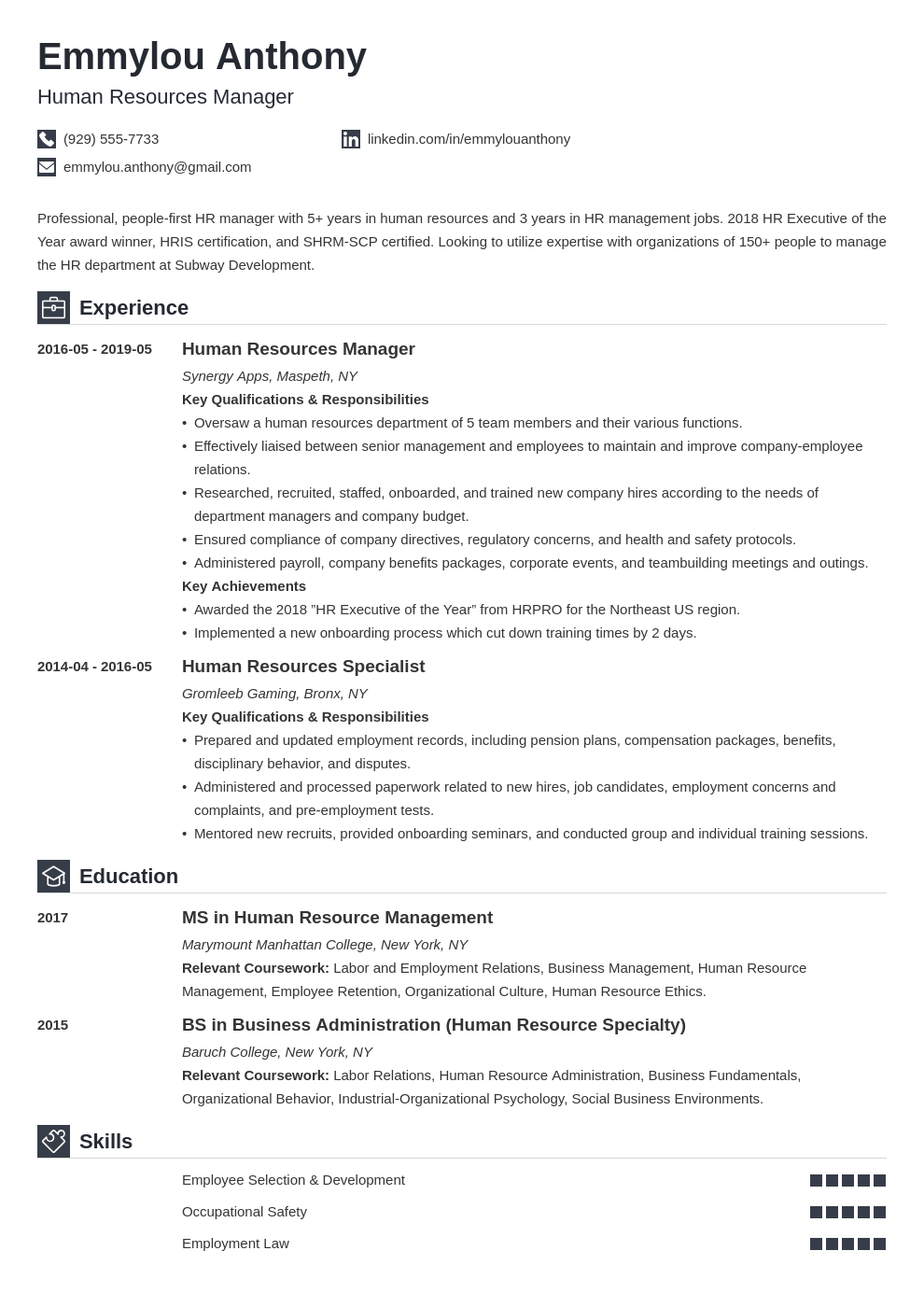 Human Resources Hr Manager Sample Skills Summary