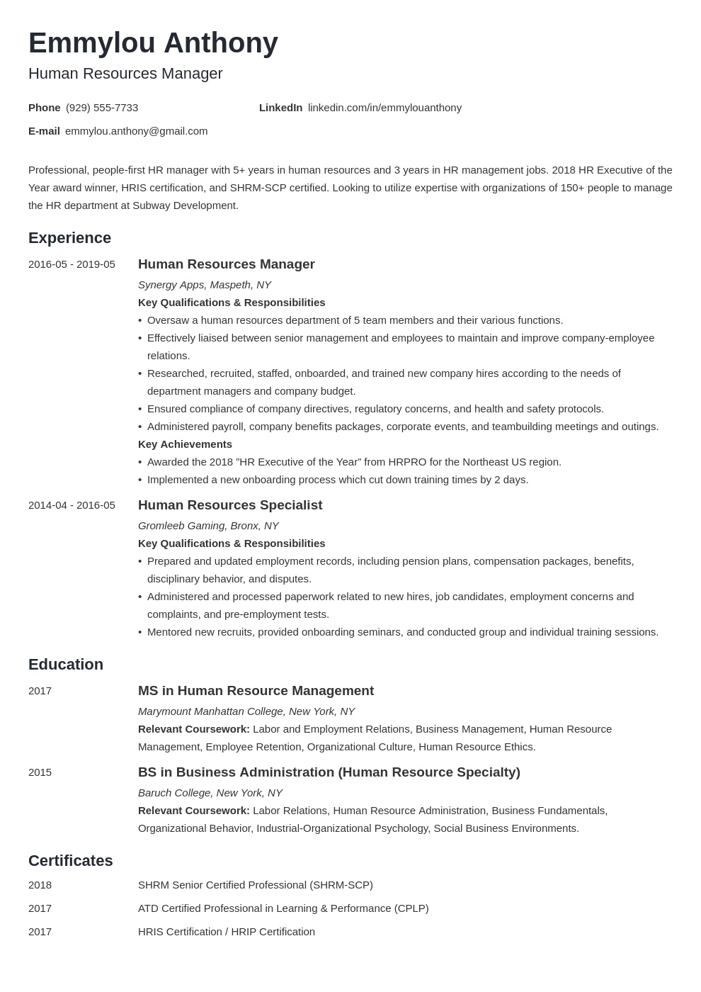 resume summary for human resources manager