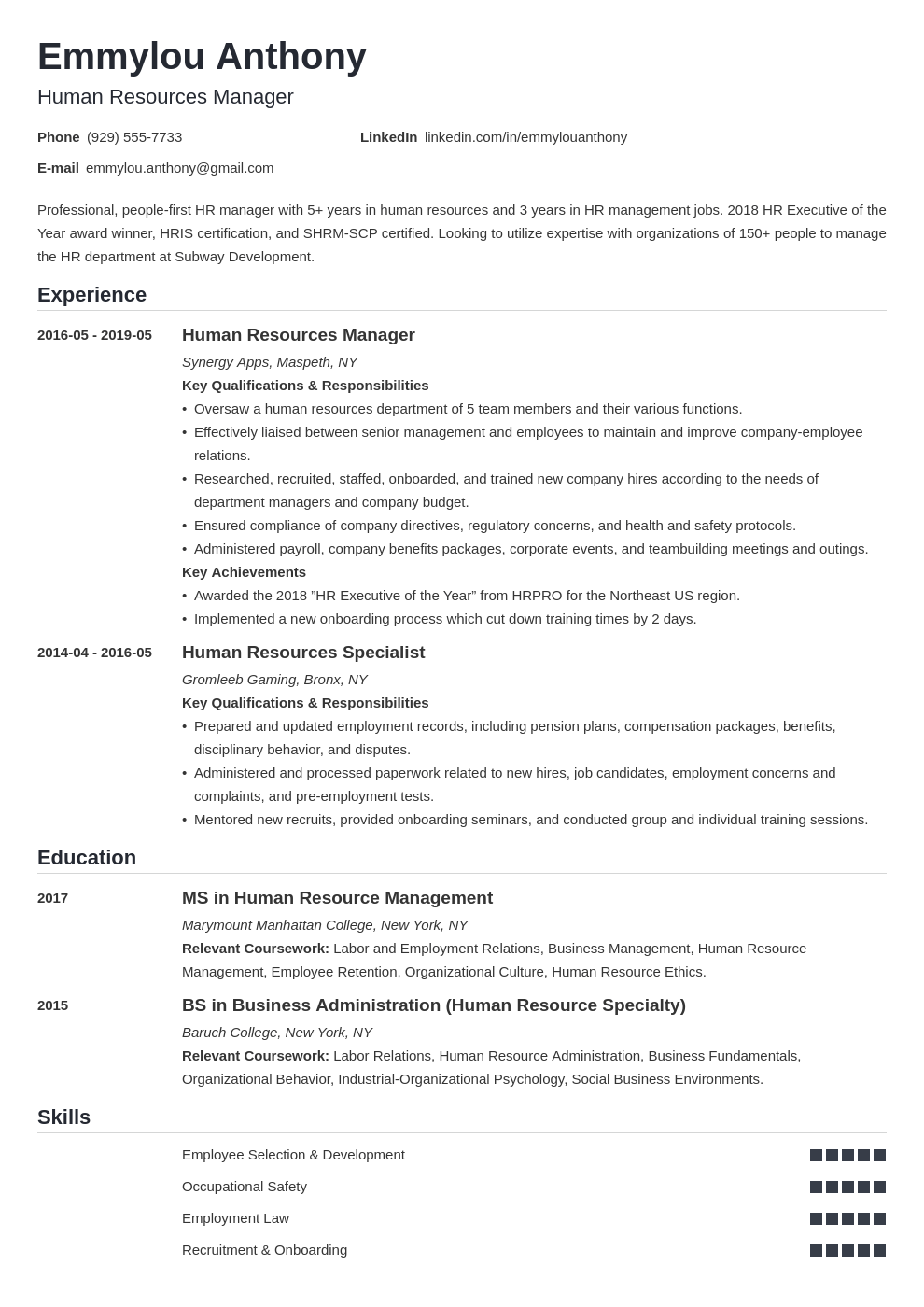 Human Resources (HR) Manager Sample +Skills & Summary