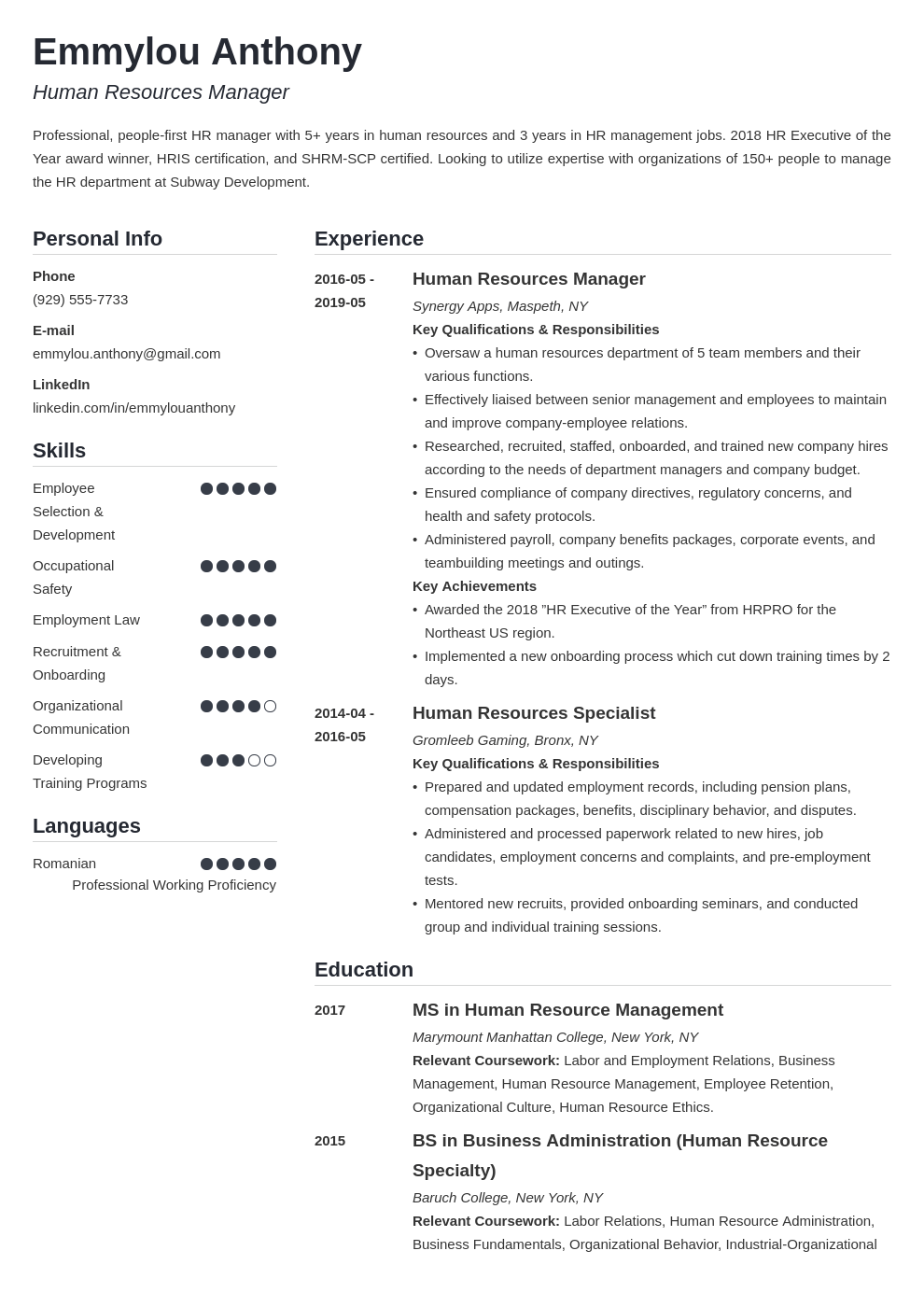 hr manager resume example template simple