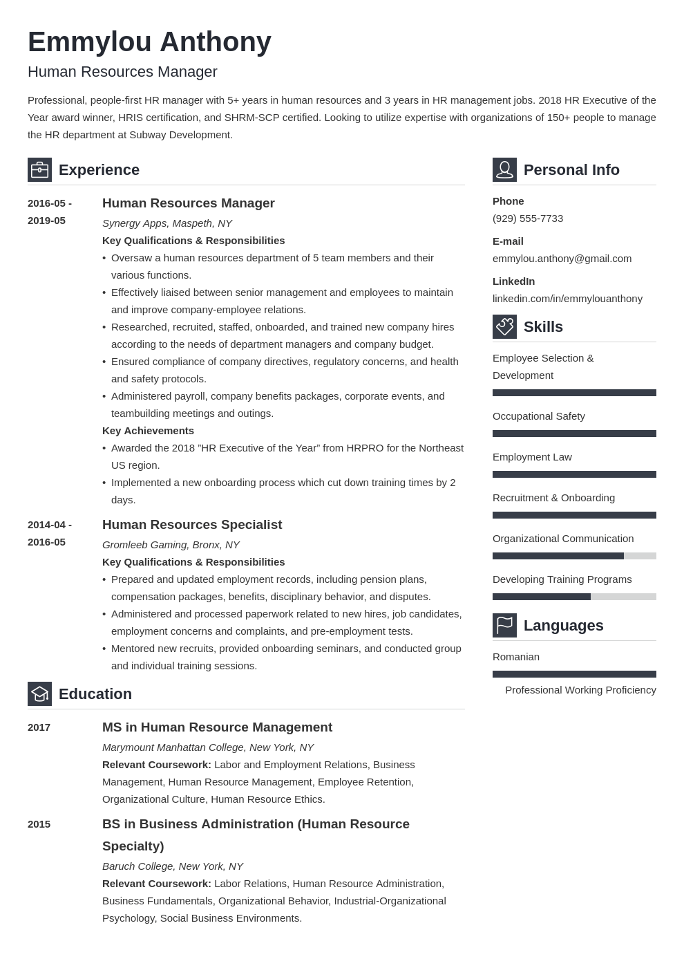 job description for human resource manager for resume