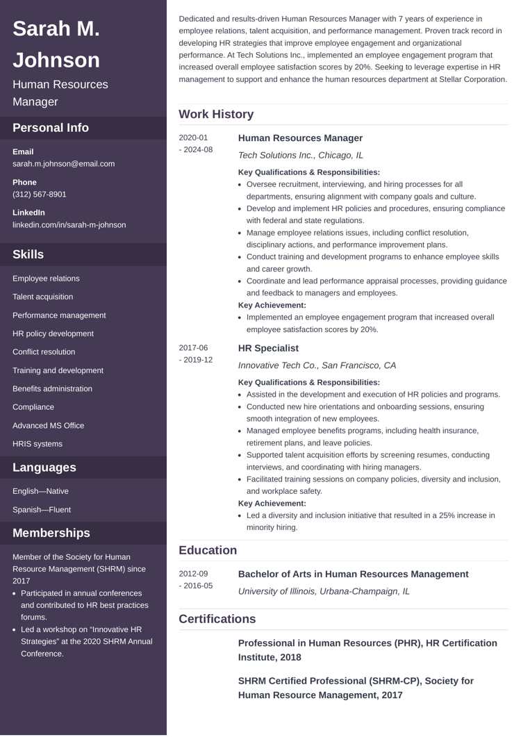 Cascade resume template for HR managers