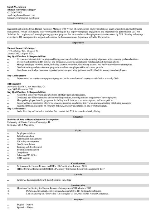 HR Manager Resume Example