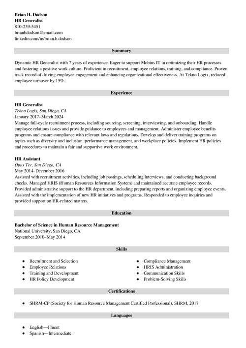 resume example featuring hr skills