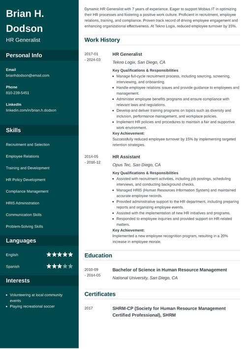 resume example featuring hr skills