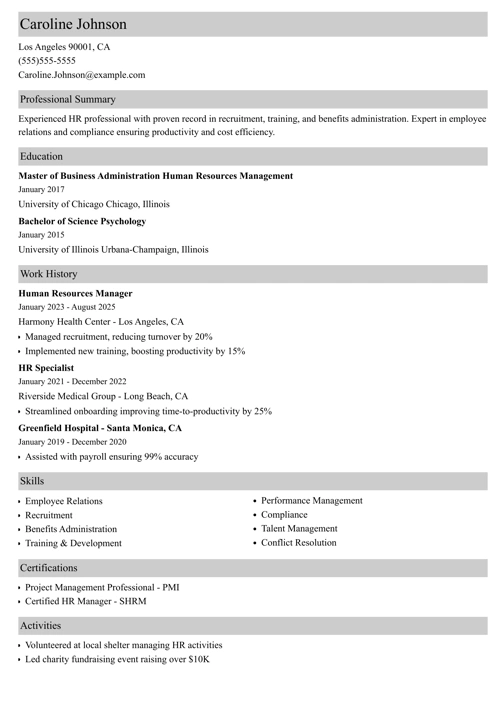 Human resources resume example