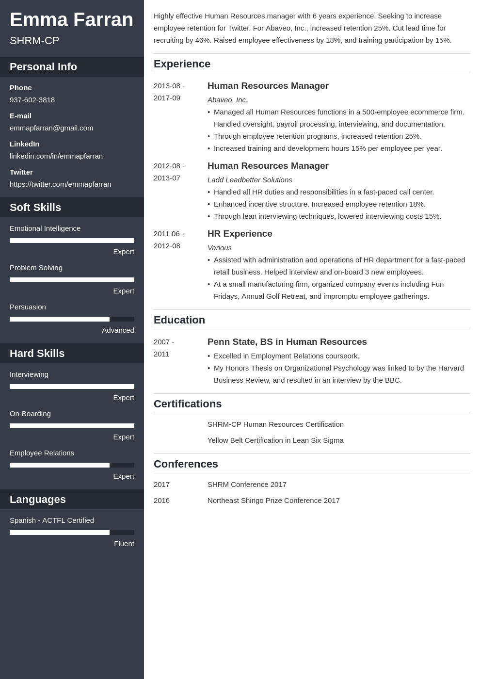 human resources resume example template cascade