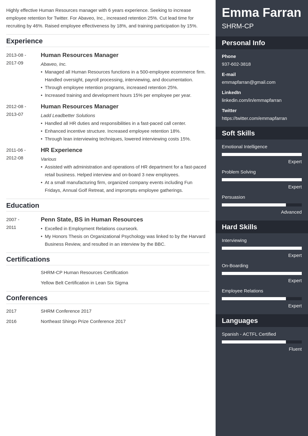 human resources resume example template enfold