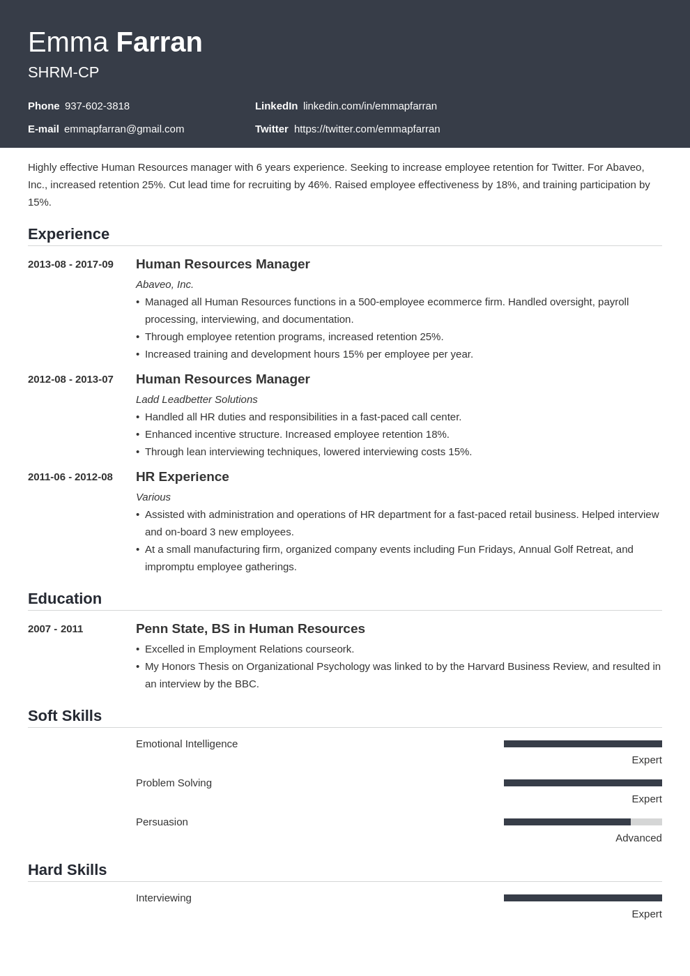 human resources resume example template influx