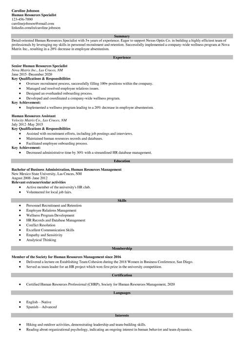 Human resources resume example