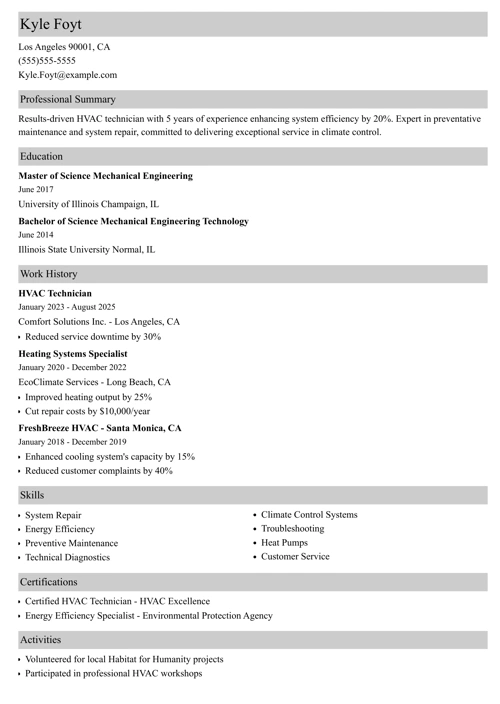 Hvac resume example