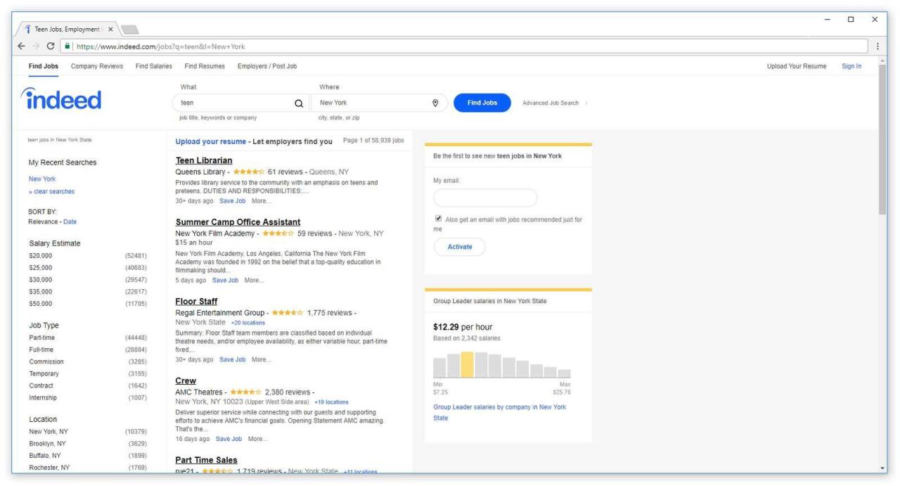 indeed job search results for teens