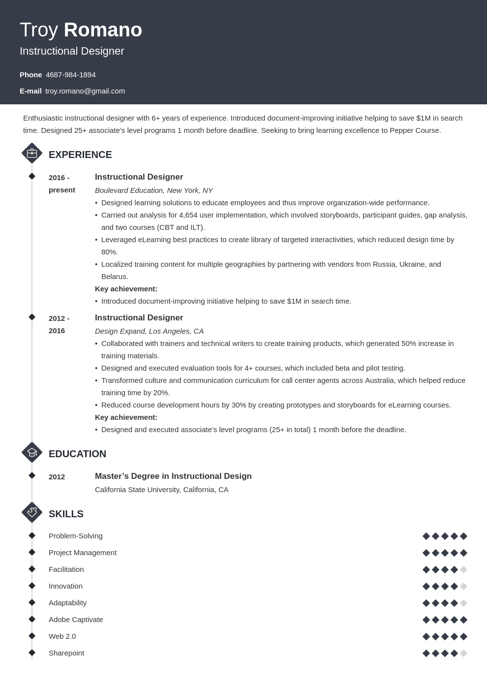 instructional designer resume example template diamond