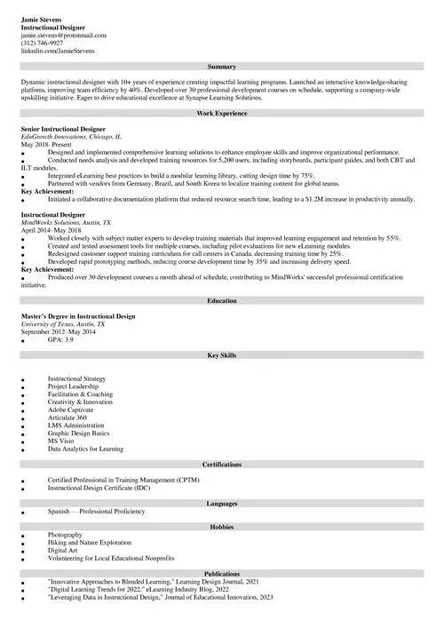 Instructional Designer Resume Sample