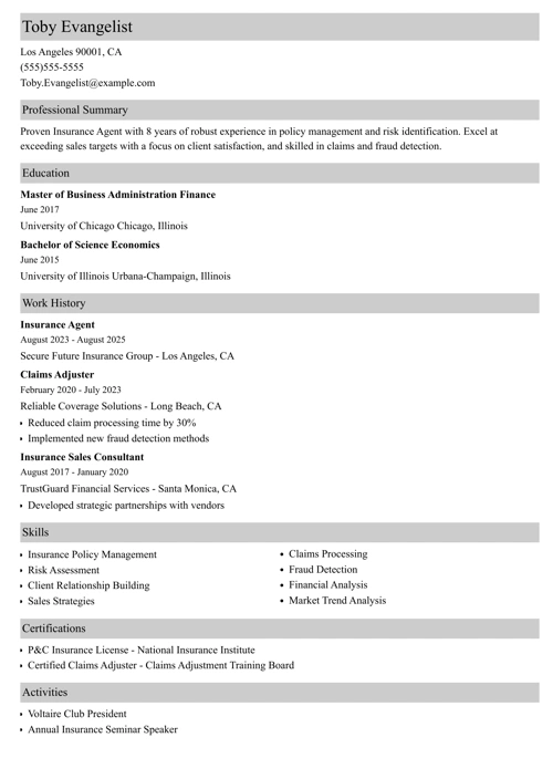 Insurance Agent Resume Sample